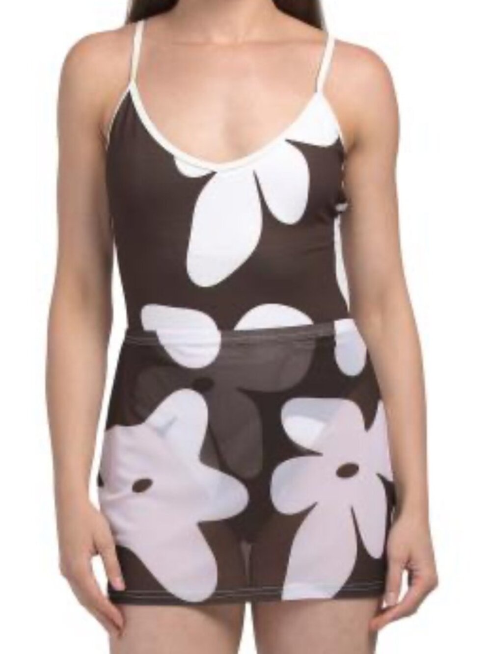 Wilo Brown & White Floral one-piece swimsuit with cover-up skirt